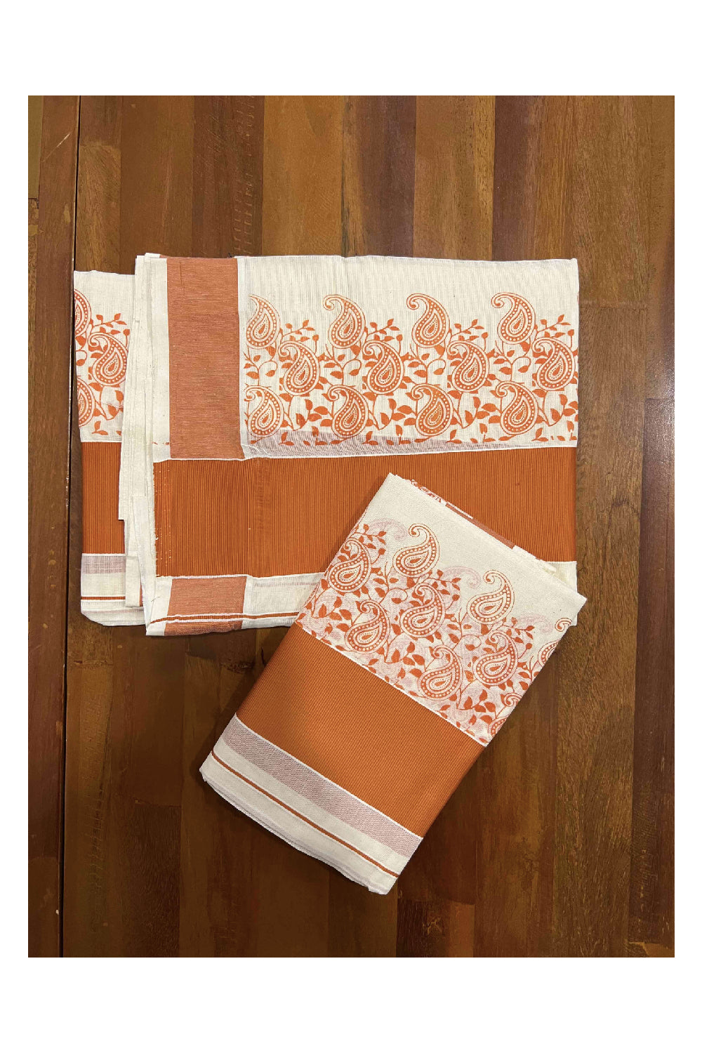 Kerala Cotton Set Mundu (Mundum Neriyathum) with Saffron Block Printed Border