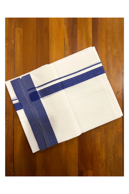 Pure White Cotton Double Mundu with Lines on Blue Border (South Indian Dhoti)