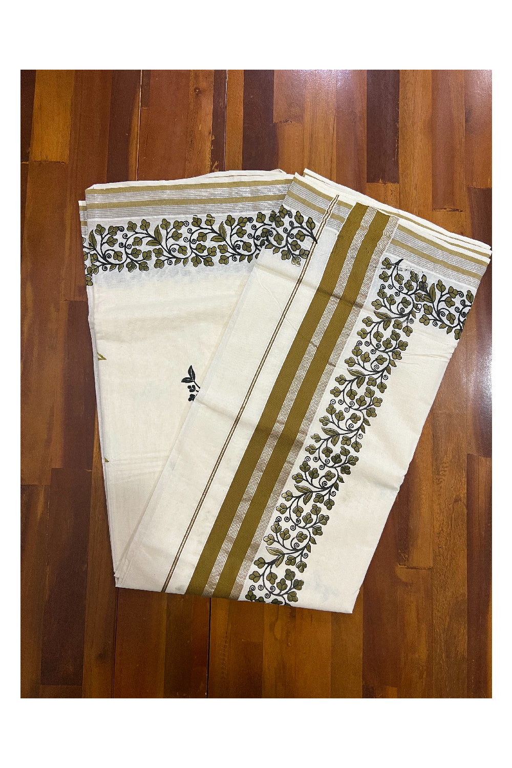 Pure Cotton Kerala Silver Kasavu Saree with Olive Green Floral Block Printed Design