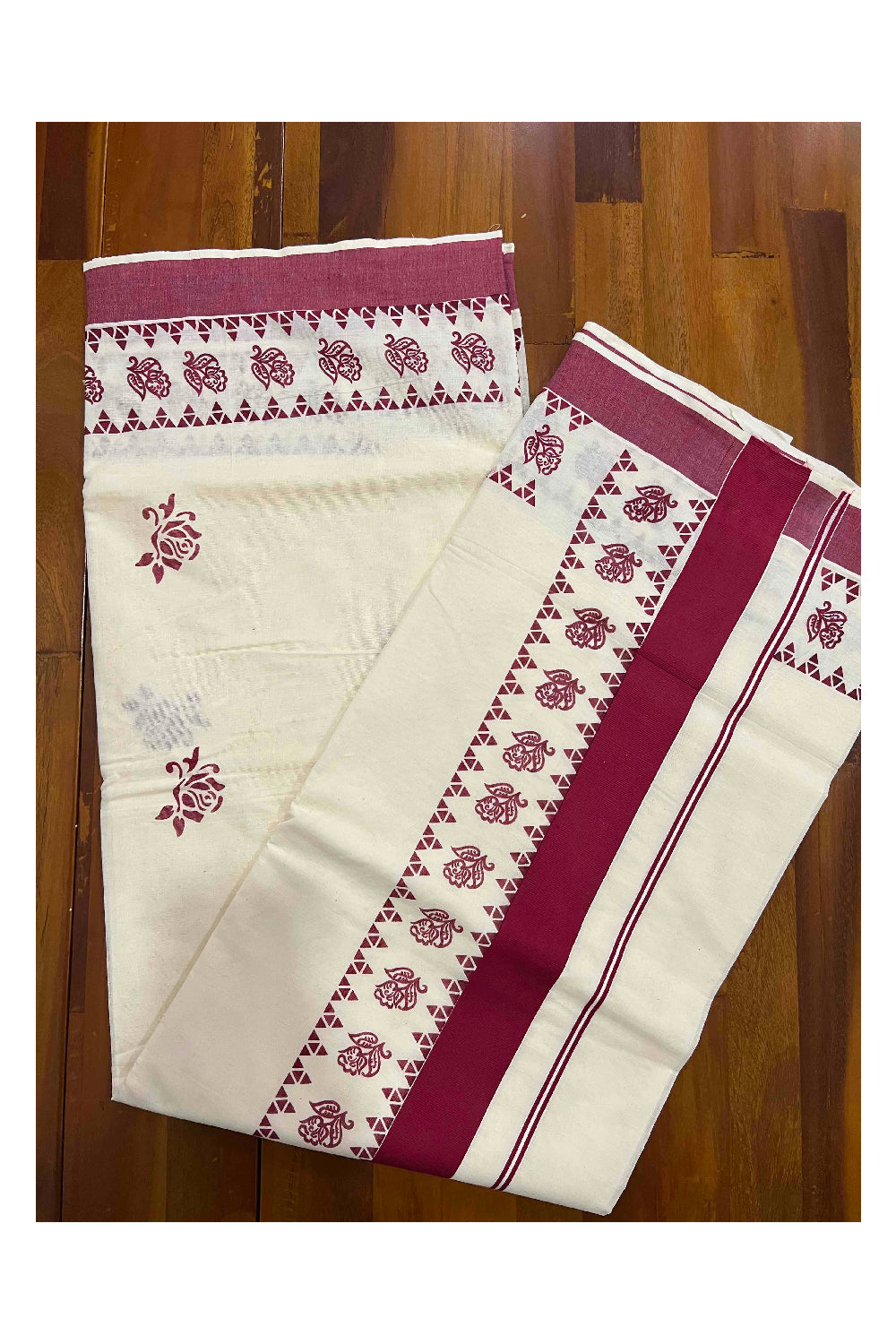 Pure Cotton Kerala Saree with Maroon Floral Block Printed Border