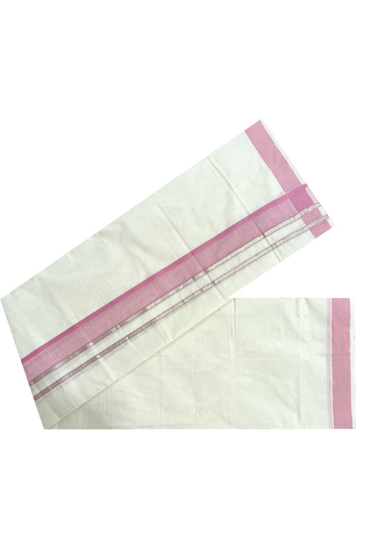 Off White Kerala Double Mundu with Silver Kasavu and Pink Kara (South Indian Dhoti)