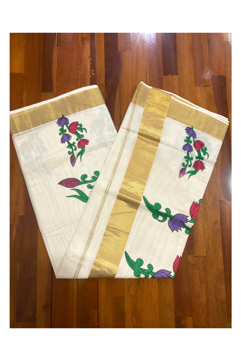 Kerala Pure Cotton Saree with Mural Printed Floral Design and Kasavu Border