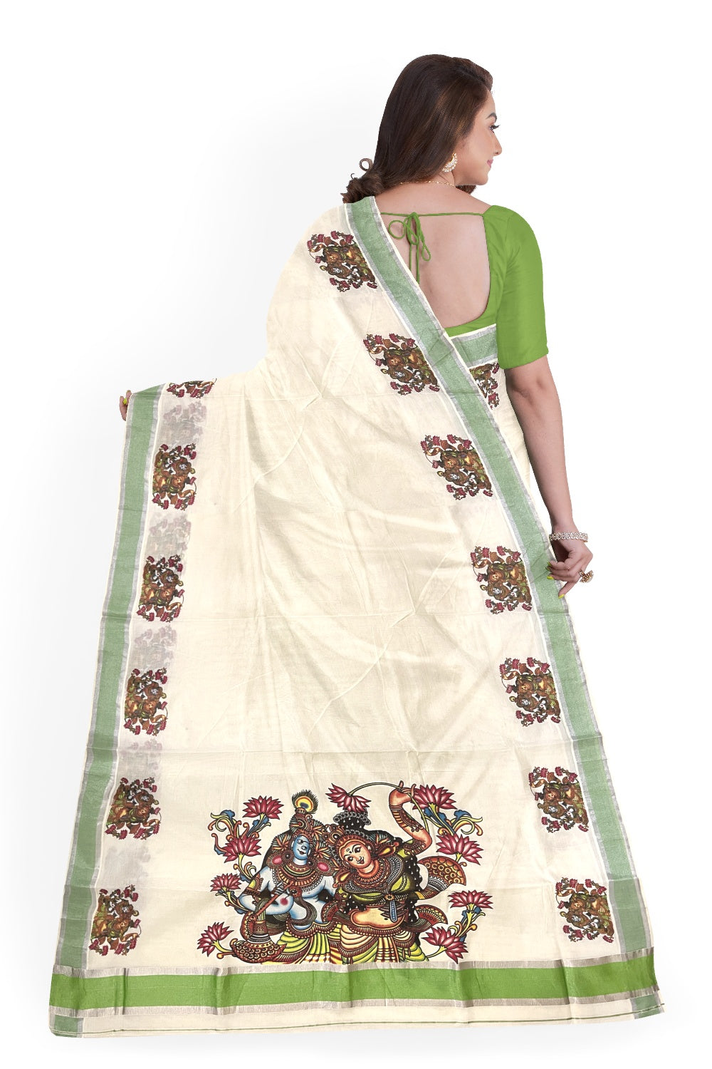 Kerala Pure Cotton Silver Kasavu Saree with Mural Krishna Radha Printed and Green Border