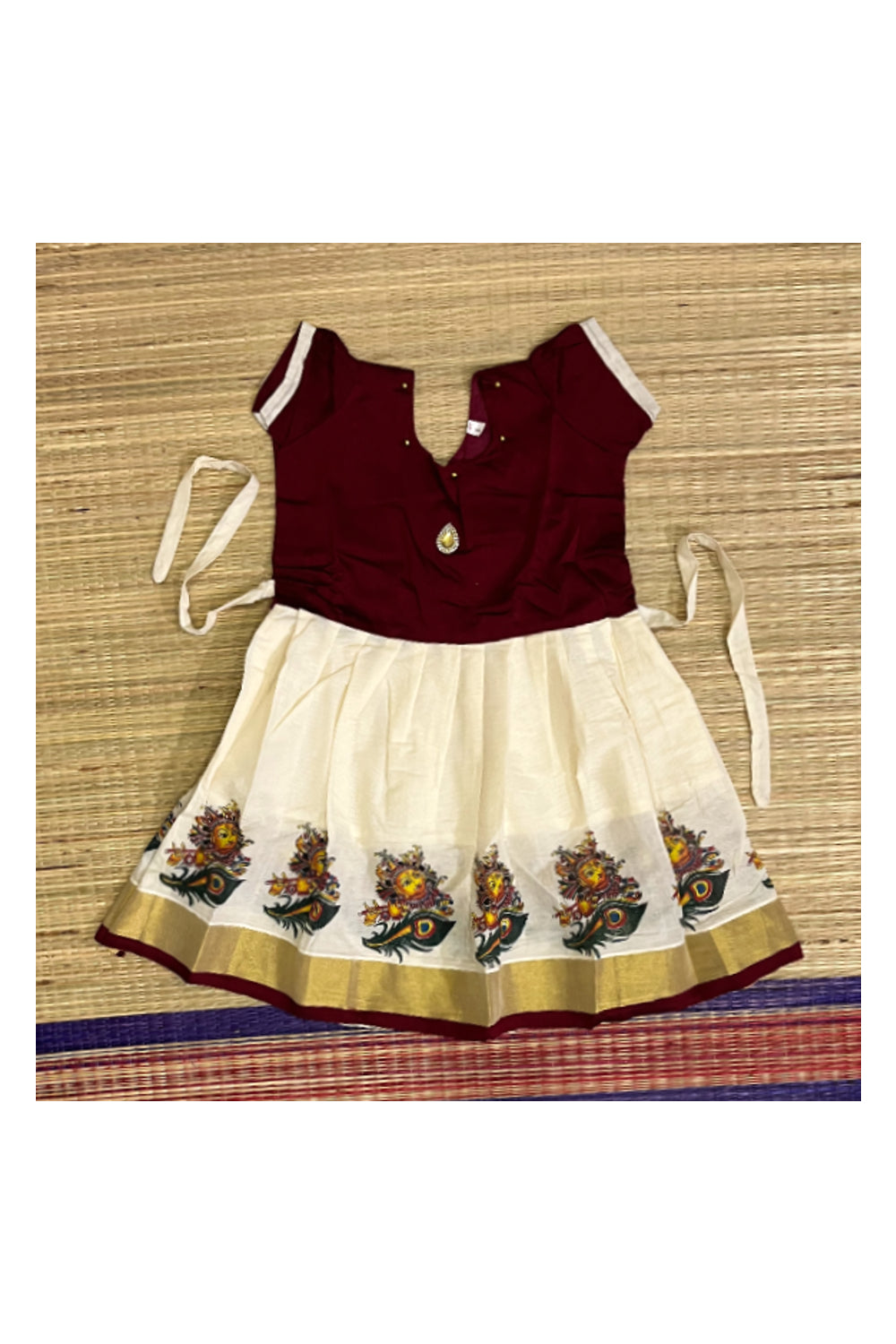 Southloom Kerala Kasavu Frock with Bead Work & Mural Design (Age- 5 Year)