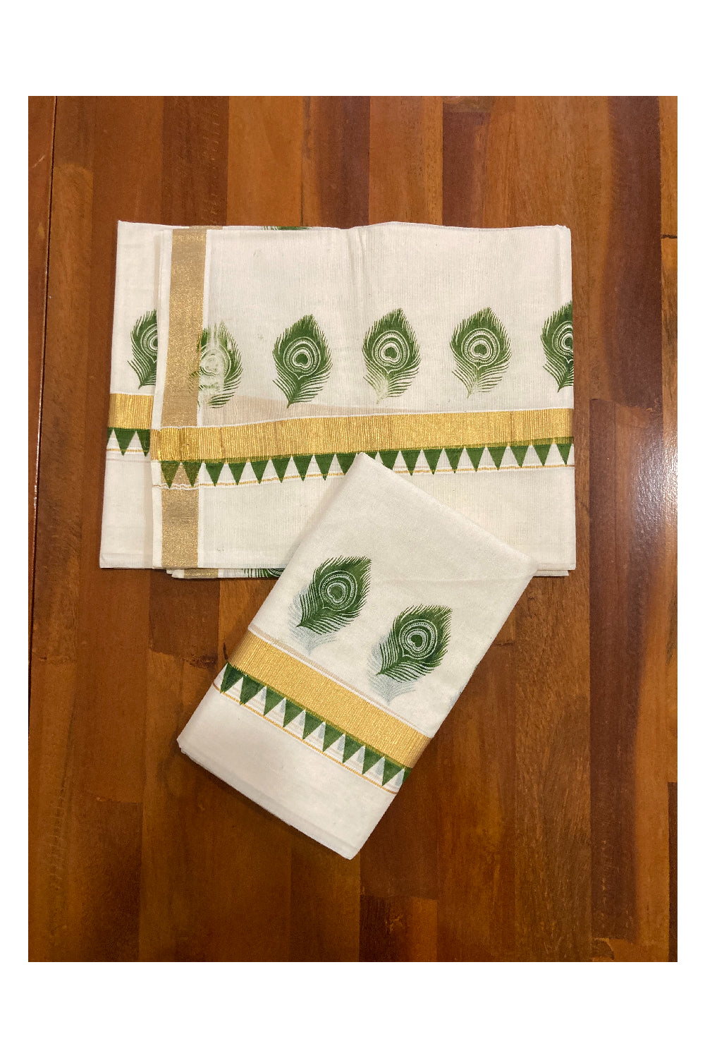 Kerala Cotton Kasavu Set Mundu (Mundum Neriyathum) with Green Feather and Temple Block Prints on Border