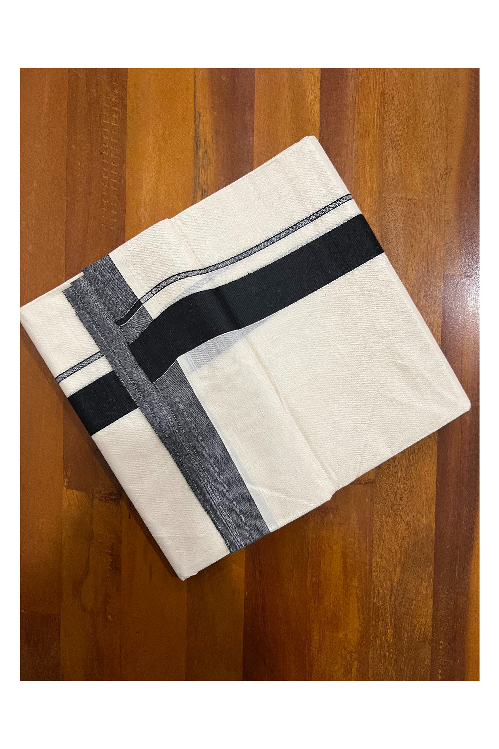 Pure Cotton Off White Double Mundu with Black Border (South Indian Kerala Dhoti)