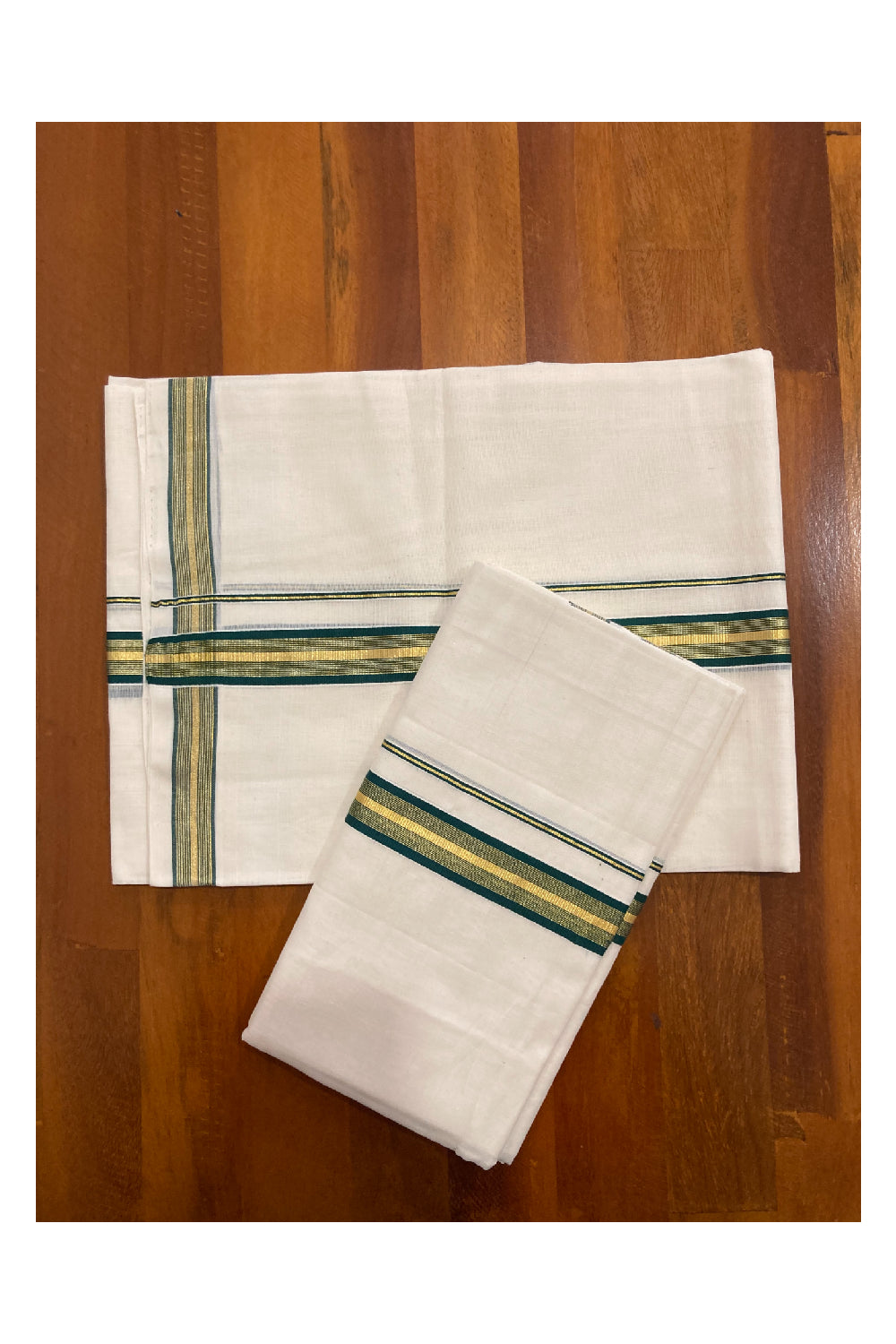 Southloom Premium Handloom Set Mundu with Kasavu and Green Border