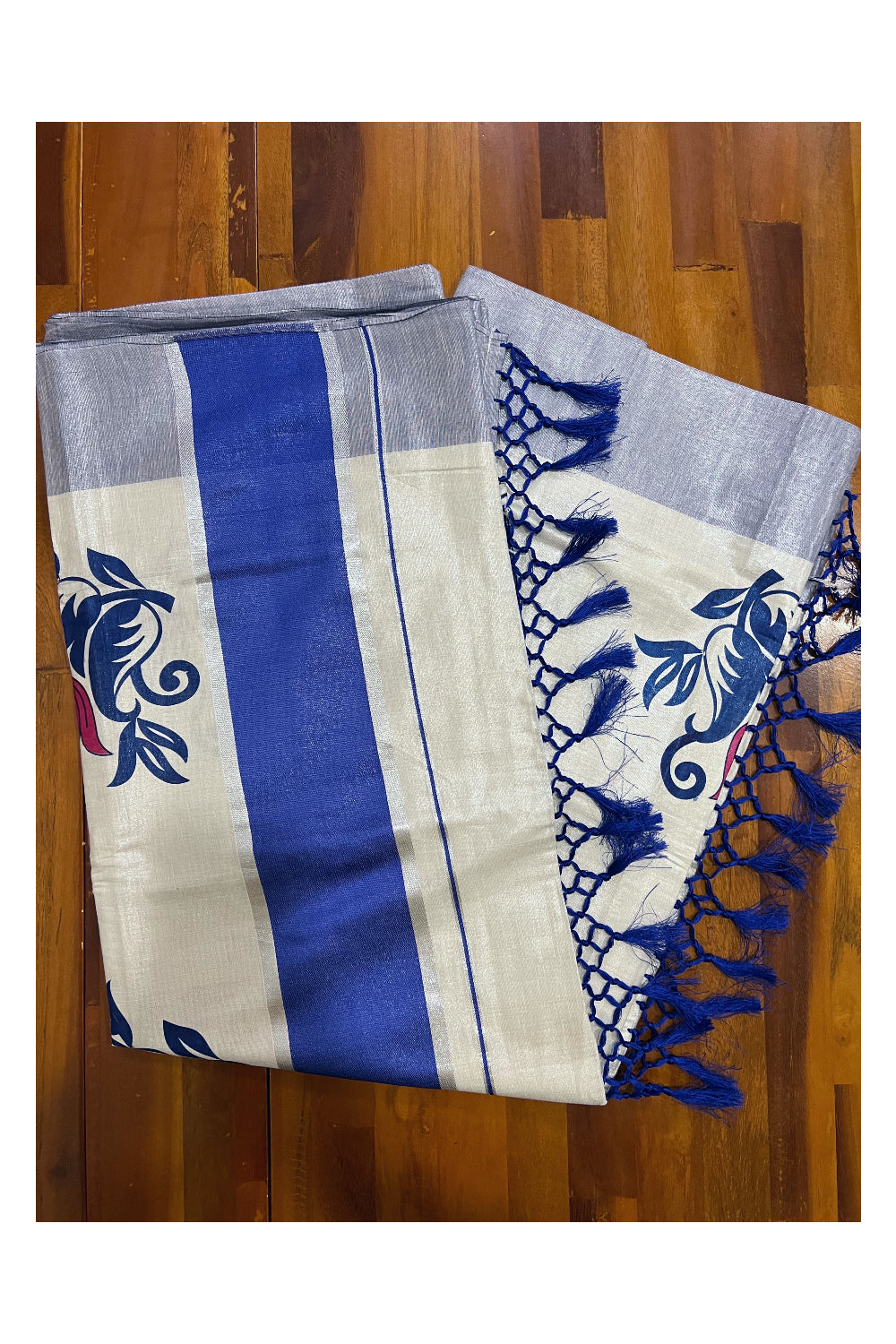 Kerala Tissue Kasavu Saree with Blue Magenta Mural Floral Design and Tassels on Pallu