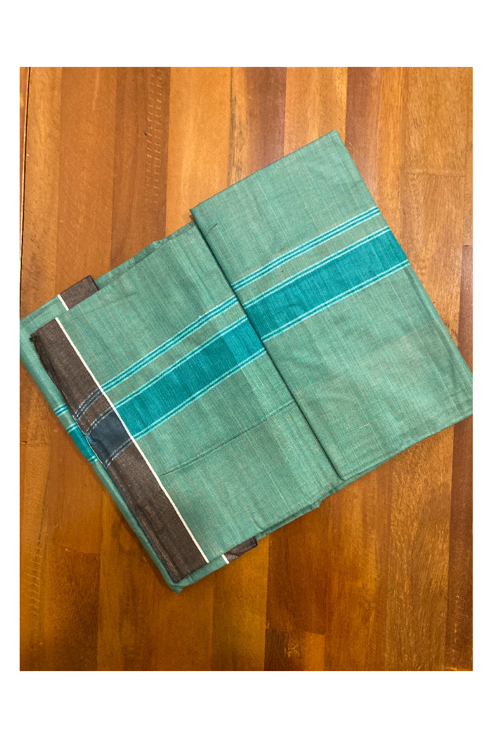 Southloom Premium Handloom Green Solid Single Mundu (Lungi) with Dark Green Border