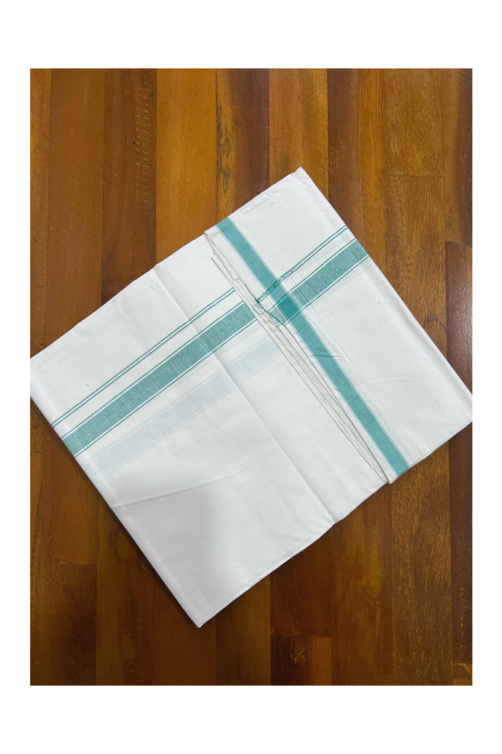 Southloom Premium Handloom Pure White Single Mundu with Green Border (Lungi)