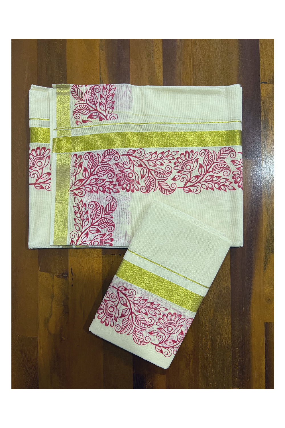 Kerala Cotton Kasavu Set Mundu (Mundum Neriyathum) with Red Floral Block Prints on Border