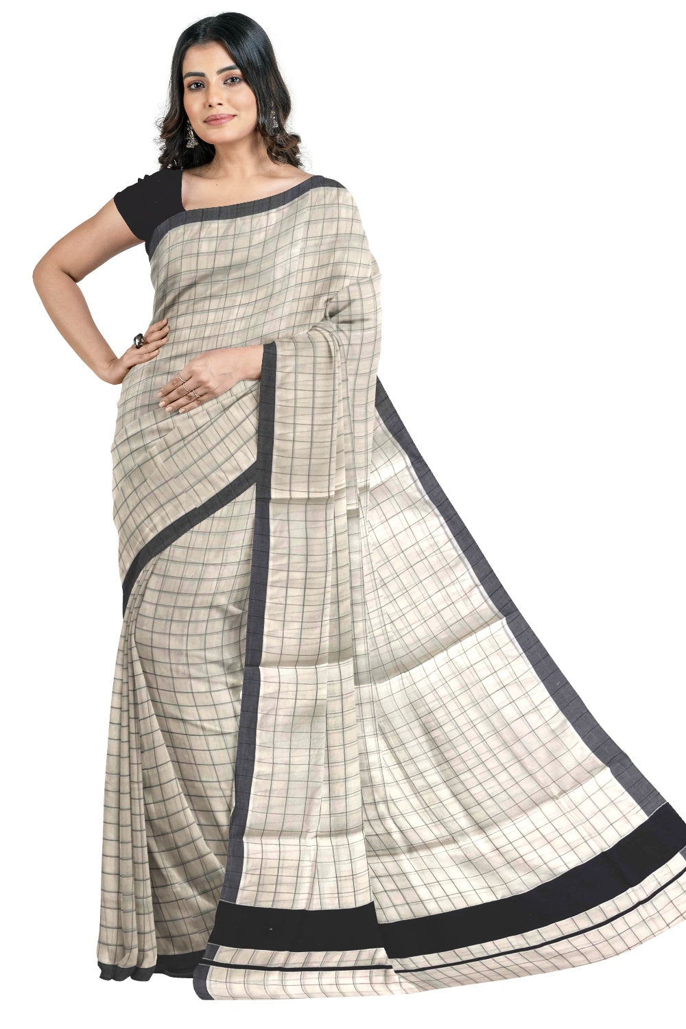 Kerala Pure Cotton Black Woven Check Saree with 3 inch Border