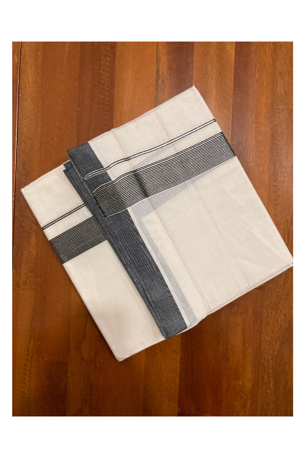 Off White Kerala Double Mundu with Silver Kasavu and Black Line Border (South Indian Dhoti)