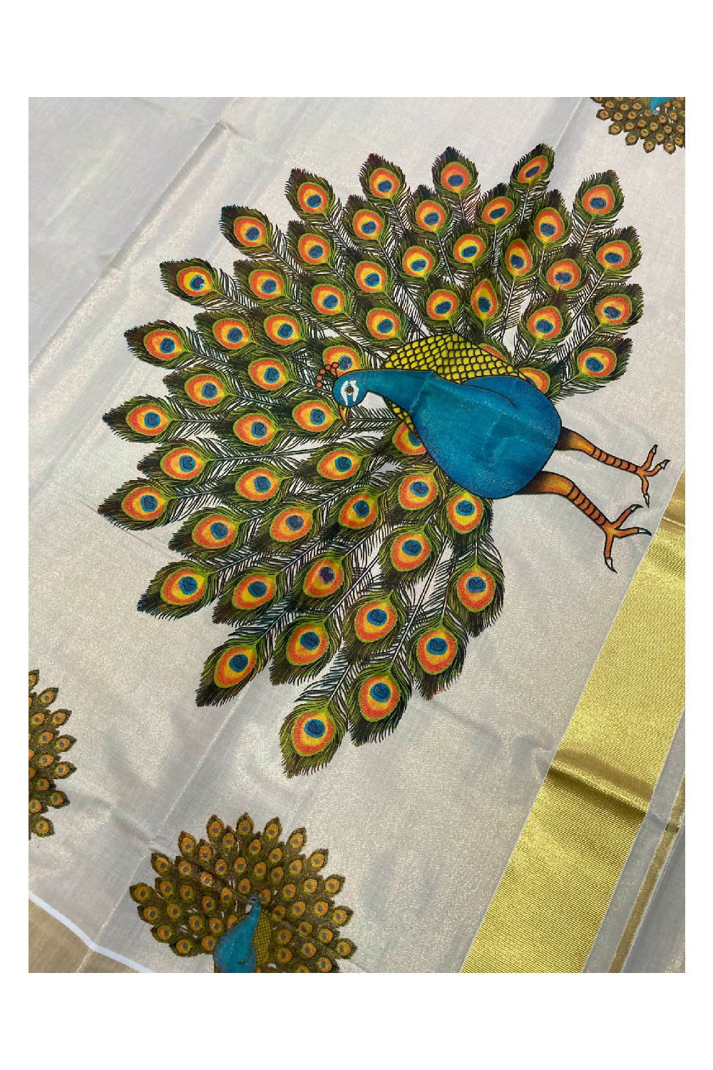 Kerala Tissue Kasavu Saree With Mural Printed Peacock Design