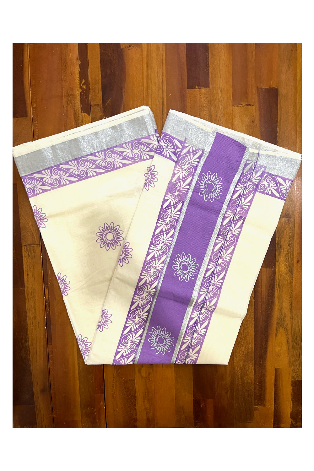 Pure Cotton Kerala Saree with Violet Block Prints and Silver Kasavu Border (Onam Saree 2023)