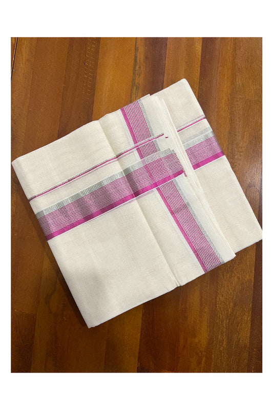 Southloom Kuthampully Handloom Pure Cotton Mundu with Silver and Magenta Kasavu Border (South Indian Dhoti)