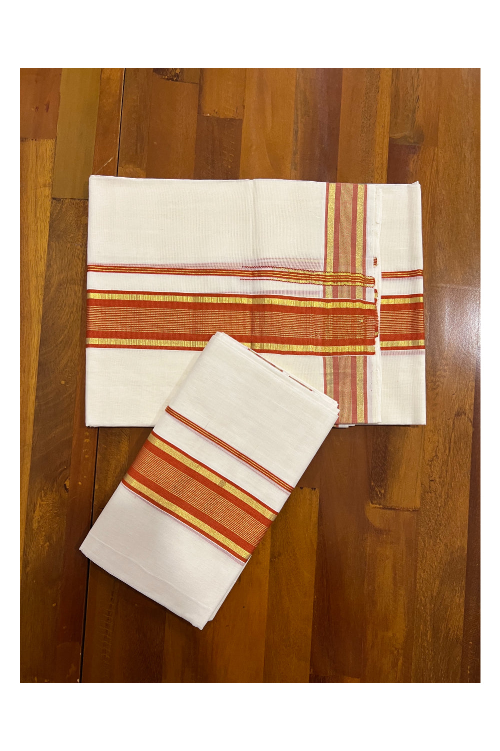 Southloom Premium Handloom Set Mundu with Kasavu and Orange Line Border 2.80 Mtrs