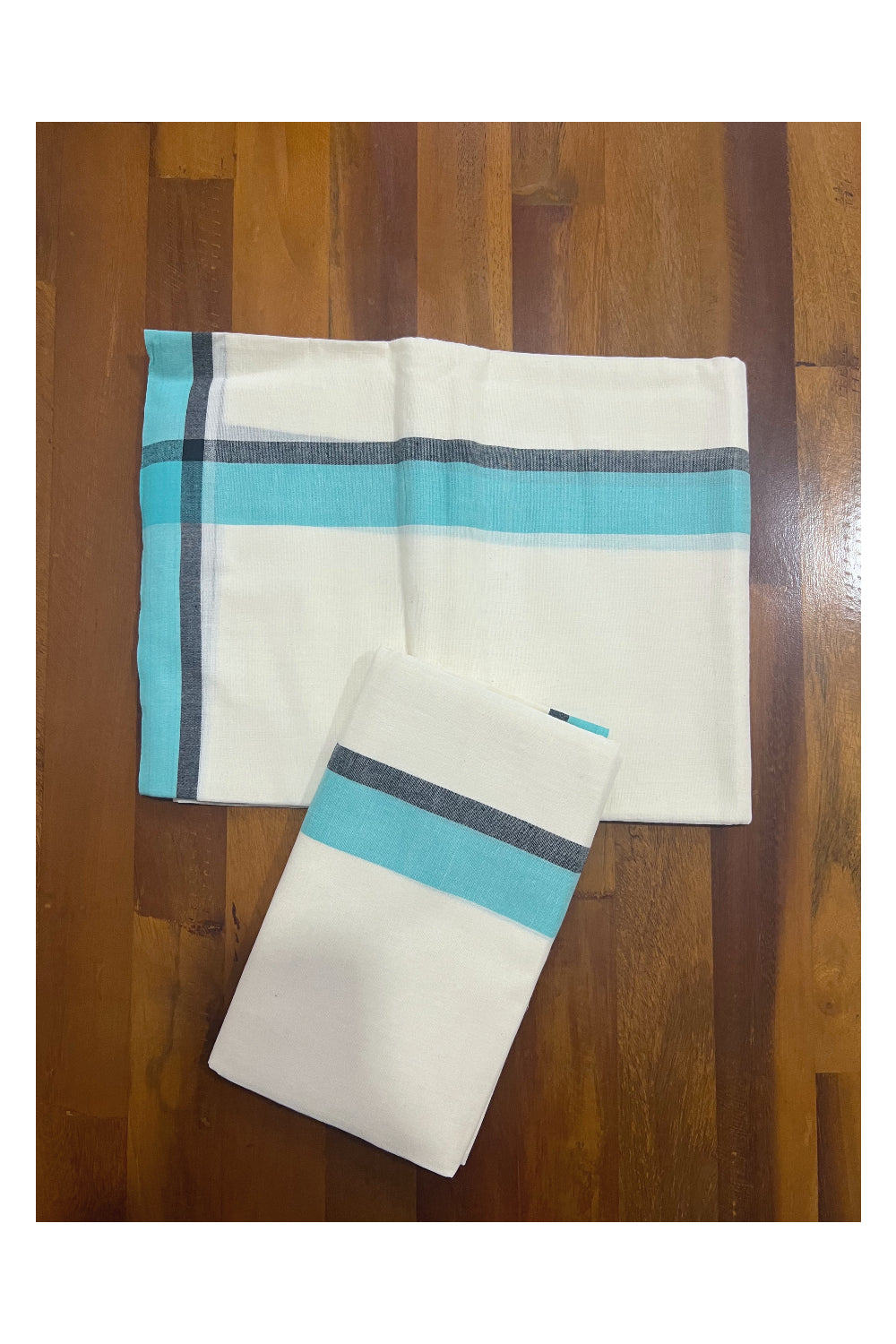 Kerala Cotton Mundum Neriyathum Single (Set Mundu) with Turquoise and Black Mulloth Border (Extra Soft Cotton)