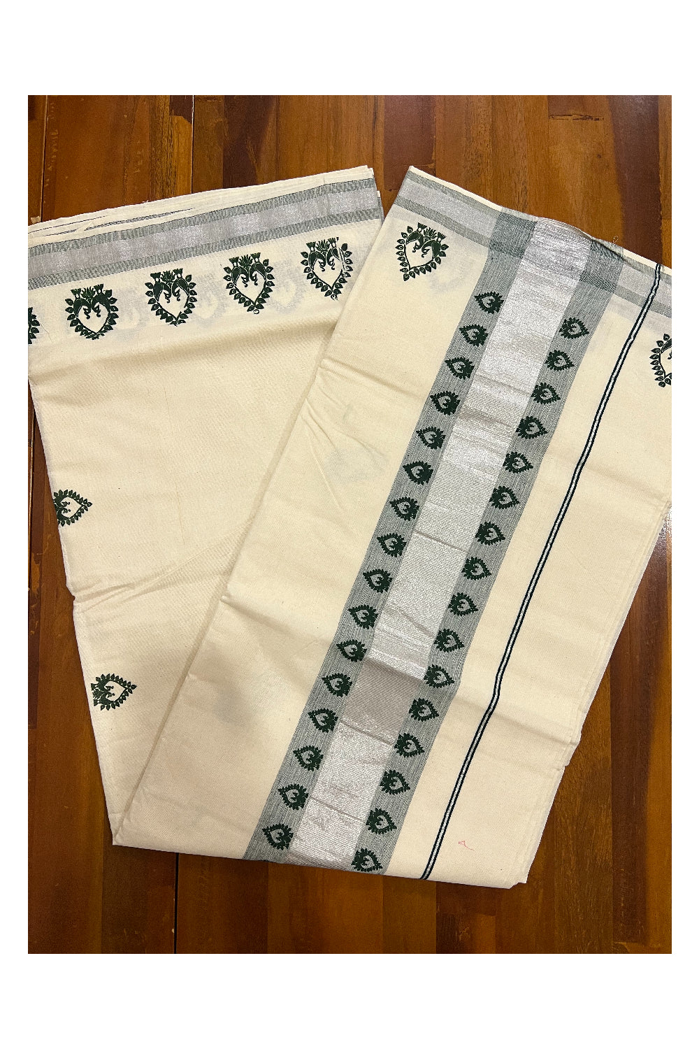 Kerala Silver Kasavu Saree with Green Block Print Design