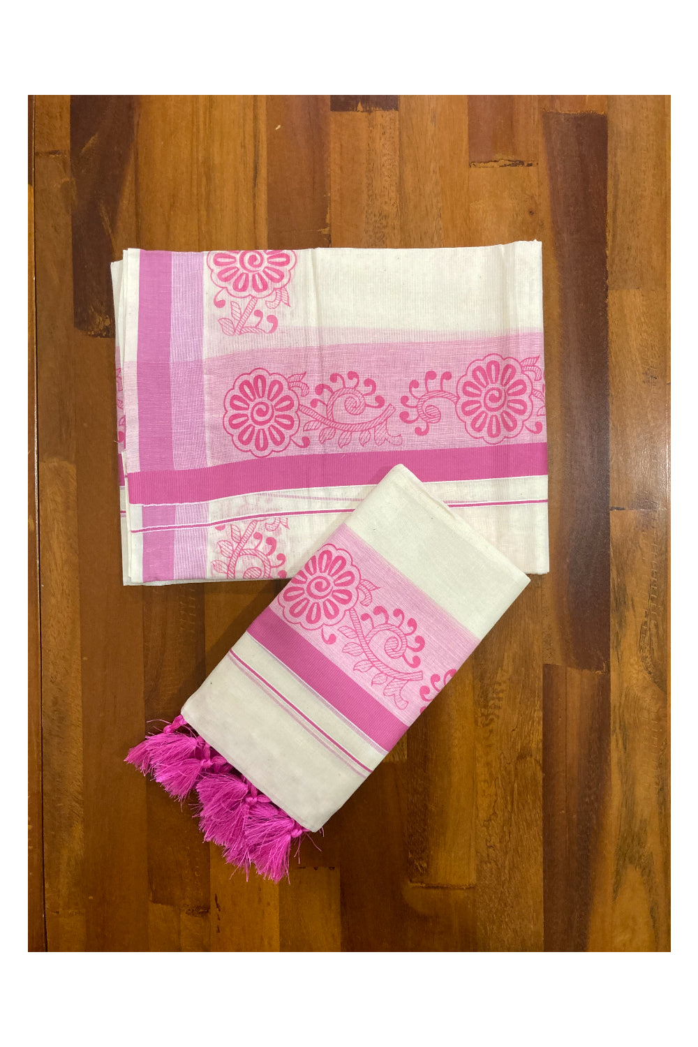 Kerala Cotton Mundum Neriyathum Single (Set Mundu) with Pink Floral Block Print Border and Tassels Work