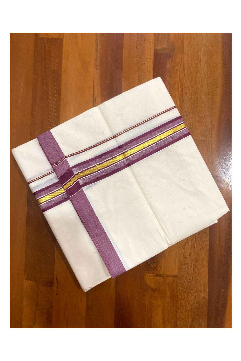 Pure Cotton Double Mundu with Purple and Kasavu Border (South Indian Dhoti)