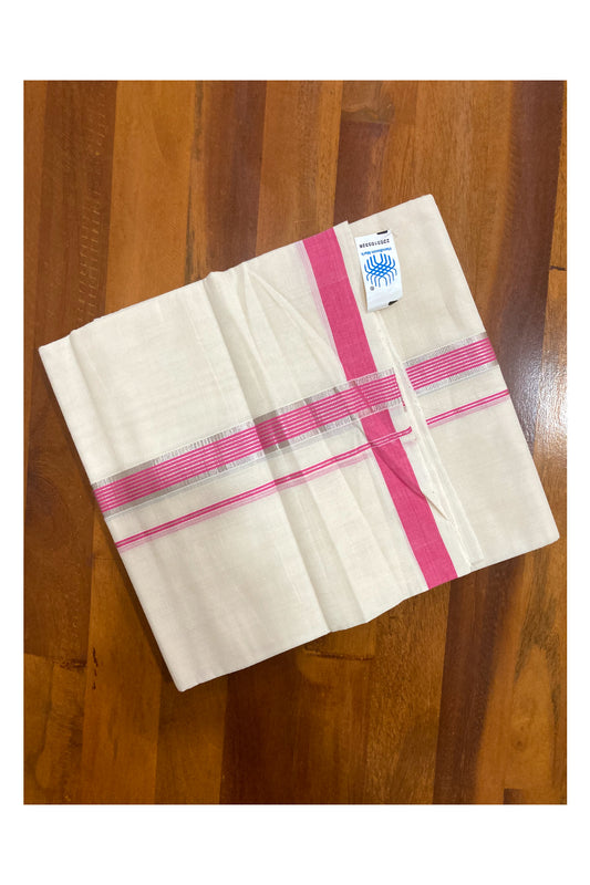 Southloom Premium Handloom Pure Cotton Mundu with Pink and Silver Kasavu Border (South Indian Kerala Dhoti)