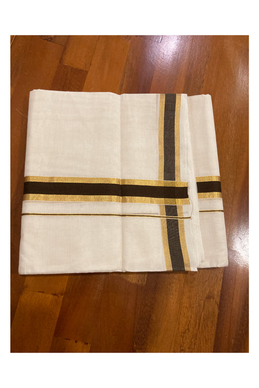 Southloom Premium Handloom Cotton Off White Mundu with Brown and Kasavu Border (South Indian Dhoti)