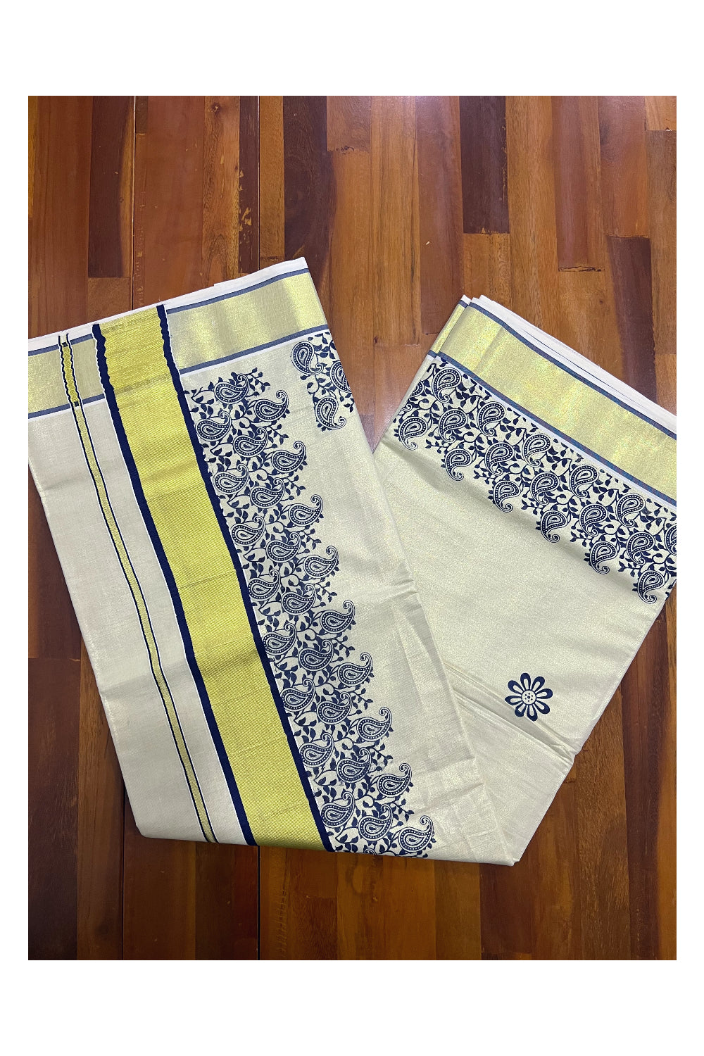 Kerala Tissue Kasavu Saree With Dark Blue Mural Paisley Design