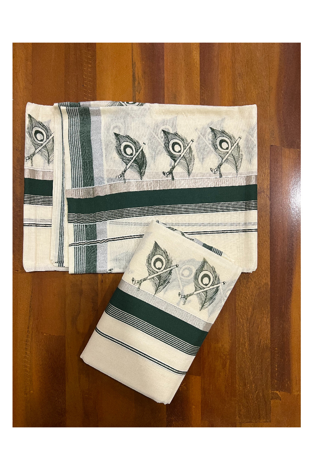 Pure Cotton Silver Kasavu Set Mundu (Mundum Neriyathum) with Dark Green Feather Block Prints on Border