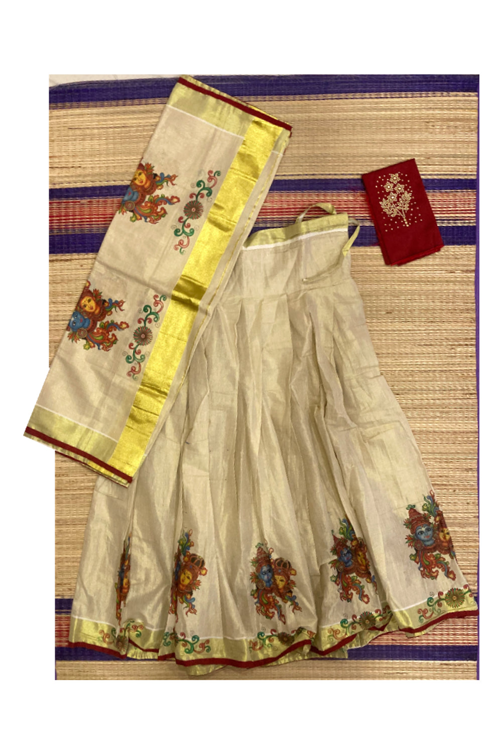 Semi Stitched Dhavani Set with Tissue Krishna Radha Mural Printed Pavada and Red Bead work Blouse Piece