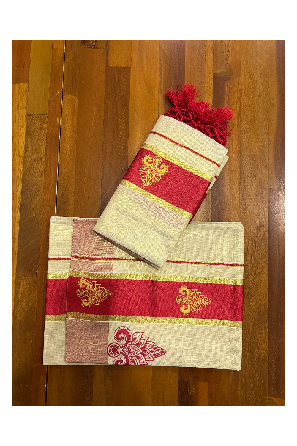 Kerala Tissue Kasavu Set Mundu (Mundum Neriyathum) with Golden and Red Block Prints and Tassels