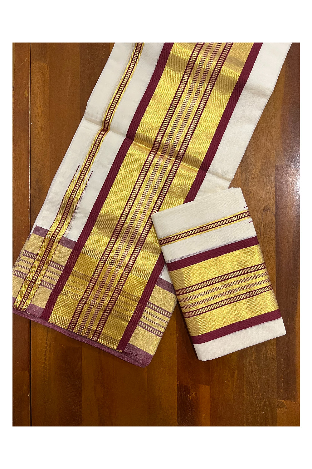 Southloom Premium Handloom Set Mundu with Kasavu and Maroon Stripes Border 2.80 Mtrs