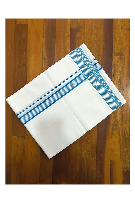 Pure White Cotton Double Mundu with Blue Lines Border (South Indian Dhoti)