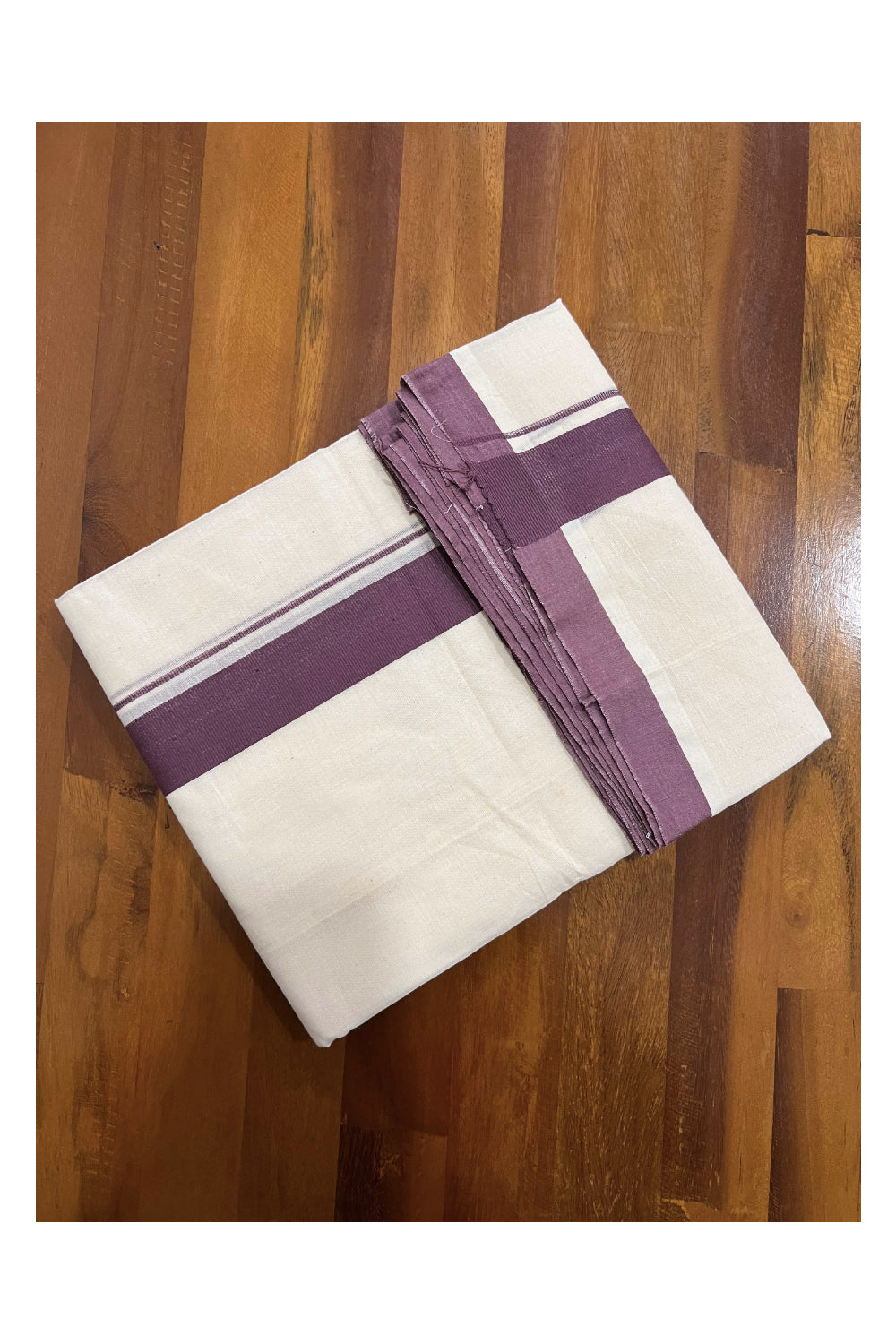 Off White Pure Cotton Double Mundu with Wine Colour Kara (South Indian Dhoti)