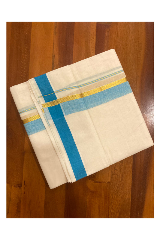 Pure Cotton Off White Double Mundu with Blue and Kasavu Border (South Indian Dhoti)