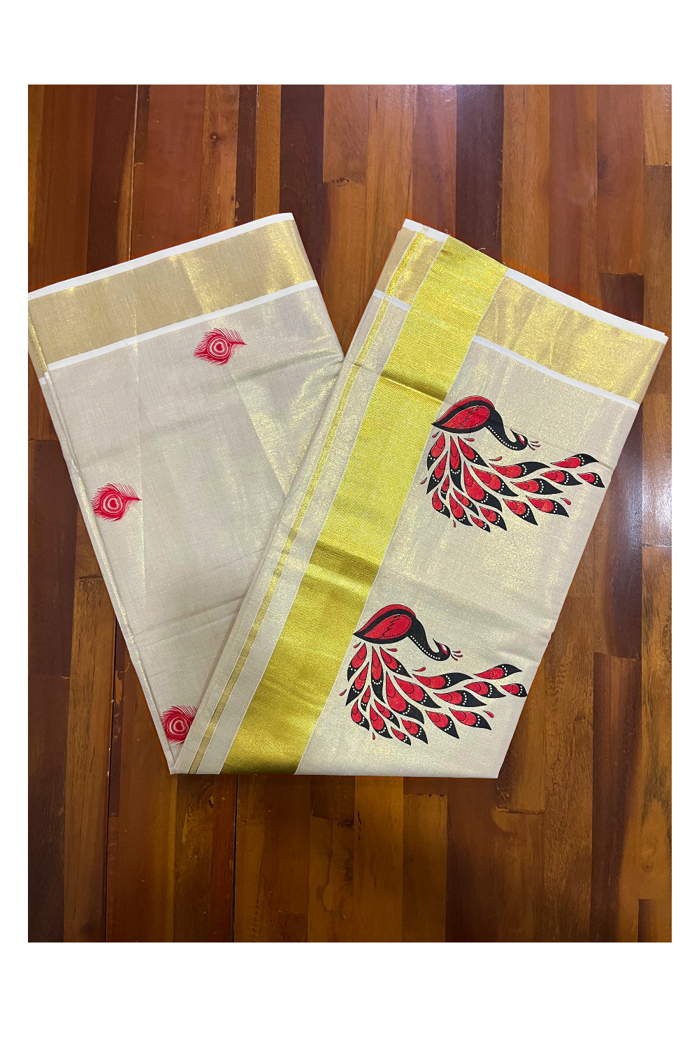 Kerala Tissue Kasavu Saree With Red Peacock Mural Design