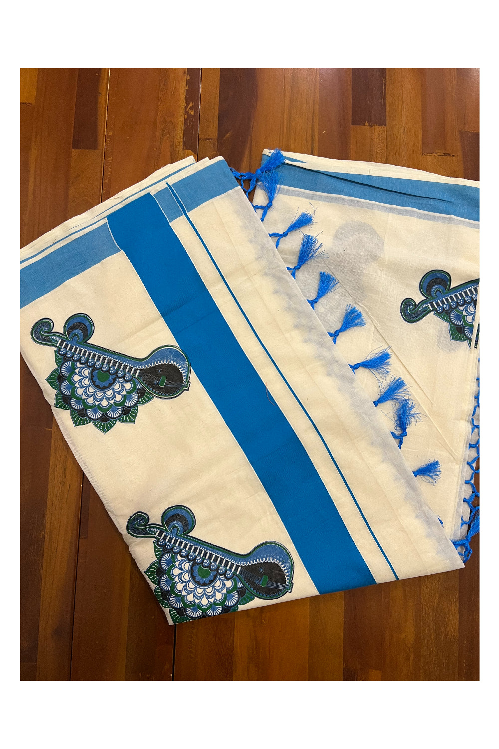 Pure Cotton Kerala Light Blue Border Saree with Mural Veena and Floral Design