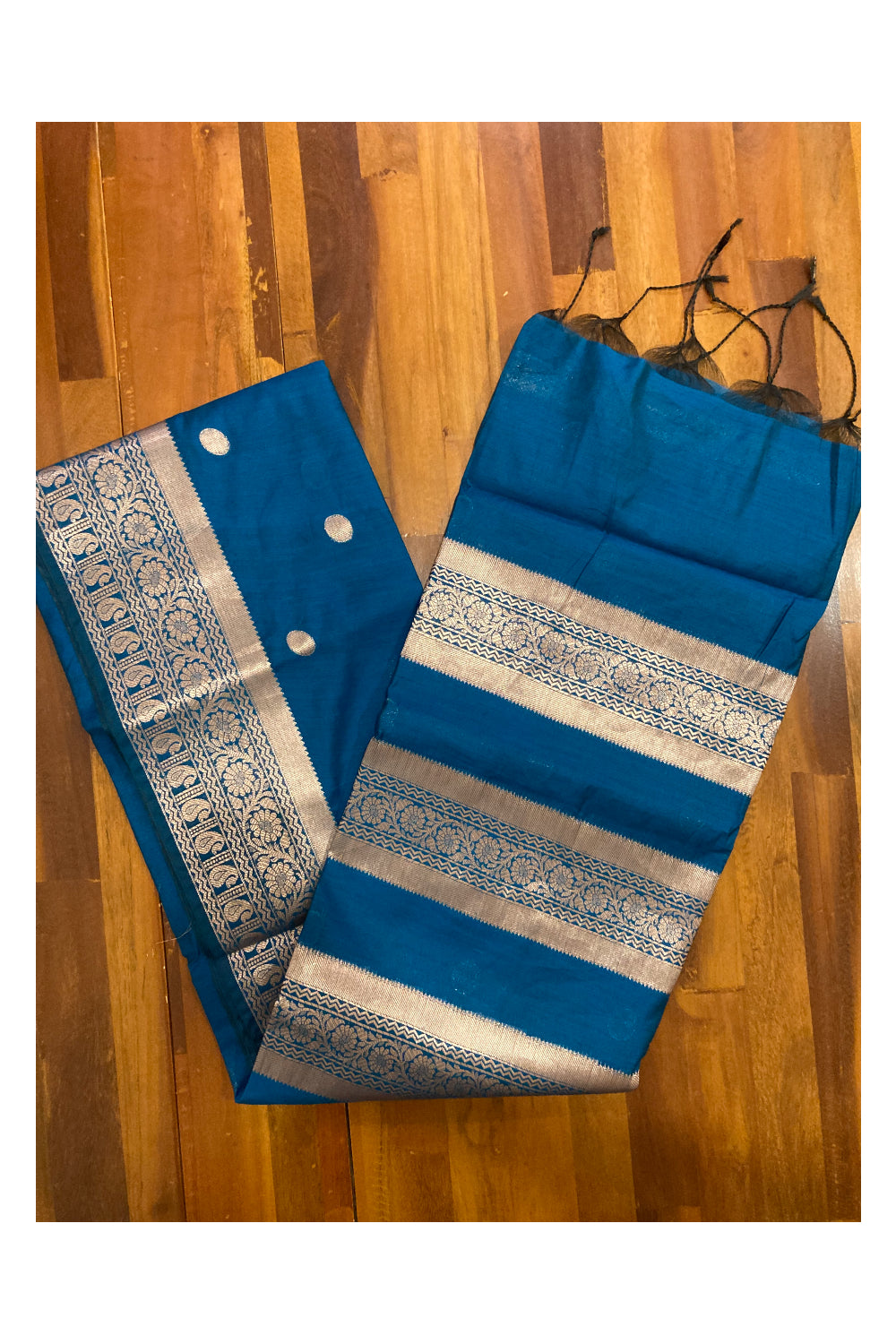 Southloom Blue Cotton Designer Saree with Kasavu Woven Works