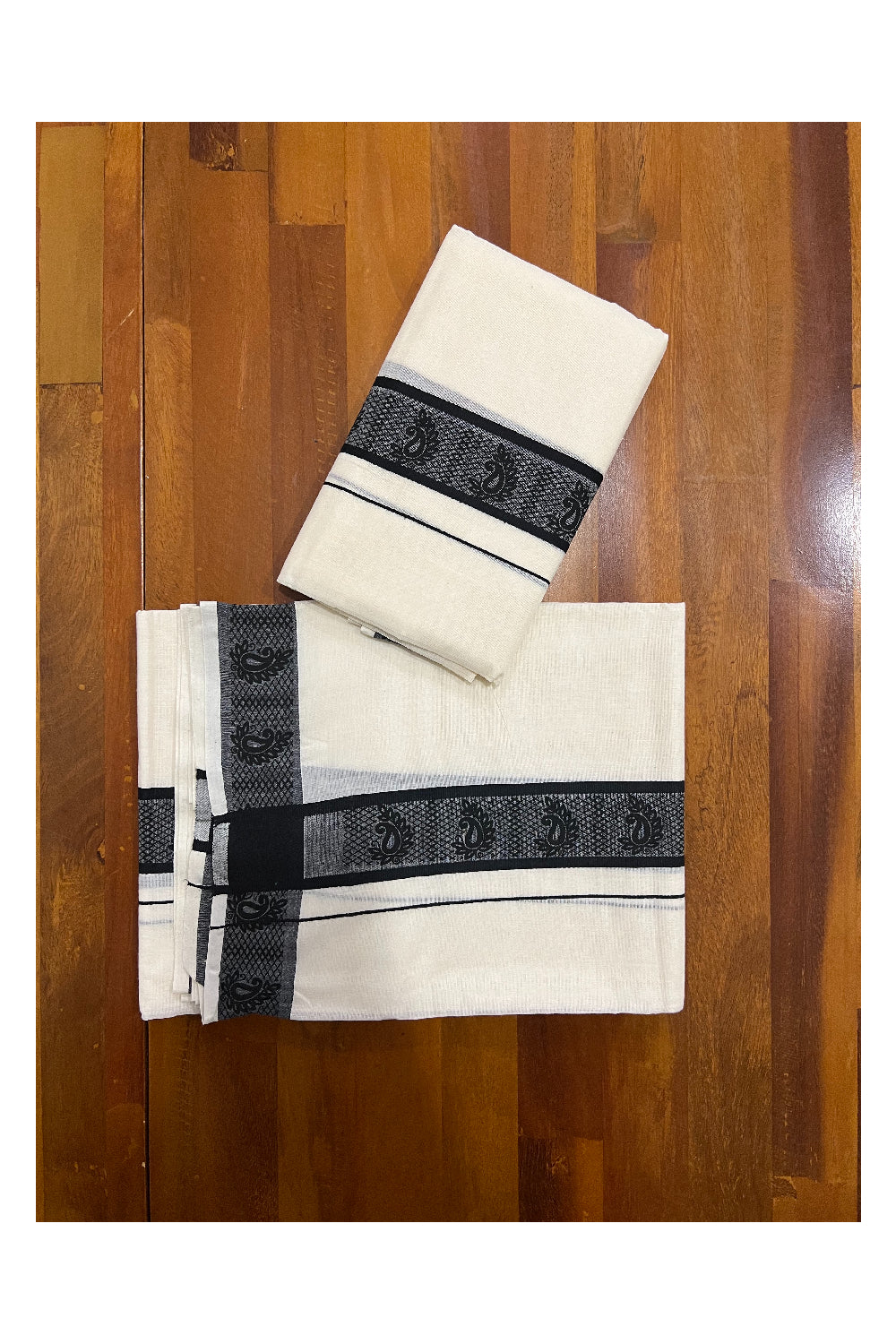 Kerala Cotton Set Mundu (Mundum Neriyathum) with Black Paisley Block Printed Border