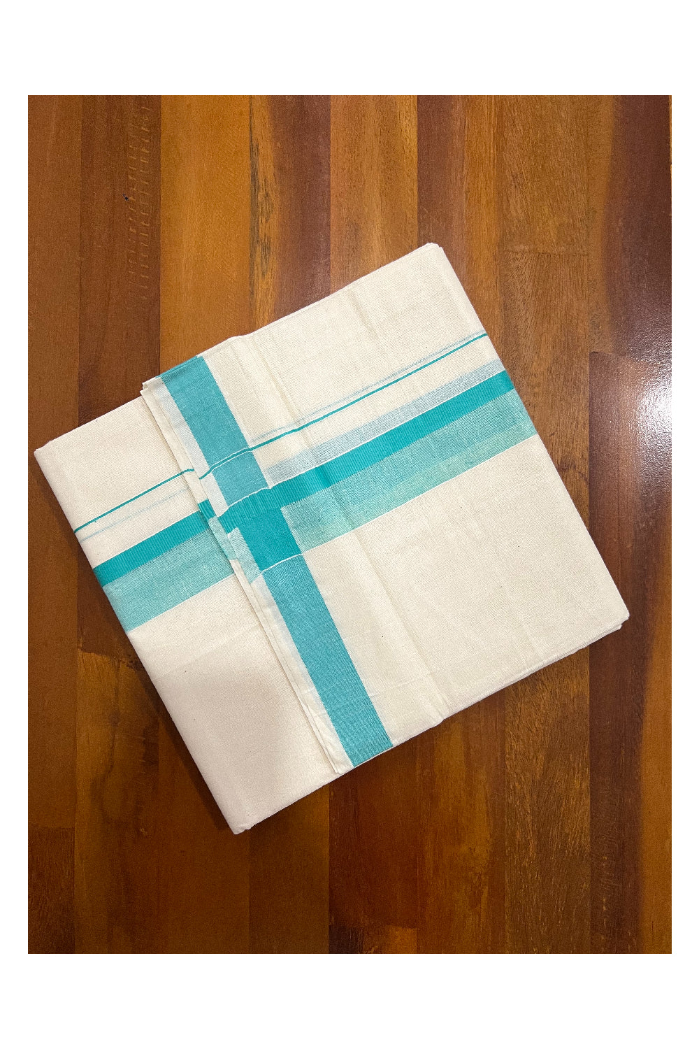 Off White Pure Cotton Double Mundu with Turquoise Shaded Kara (South Indian Dhoti)