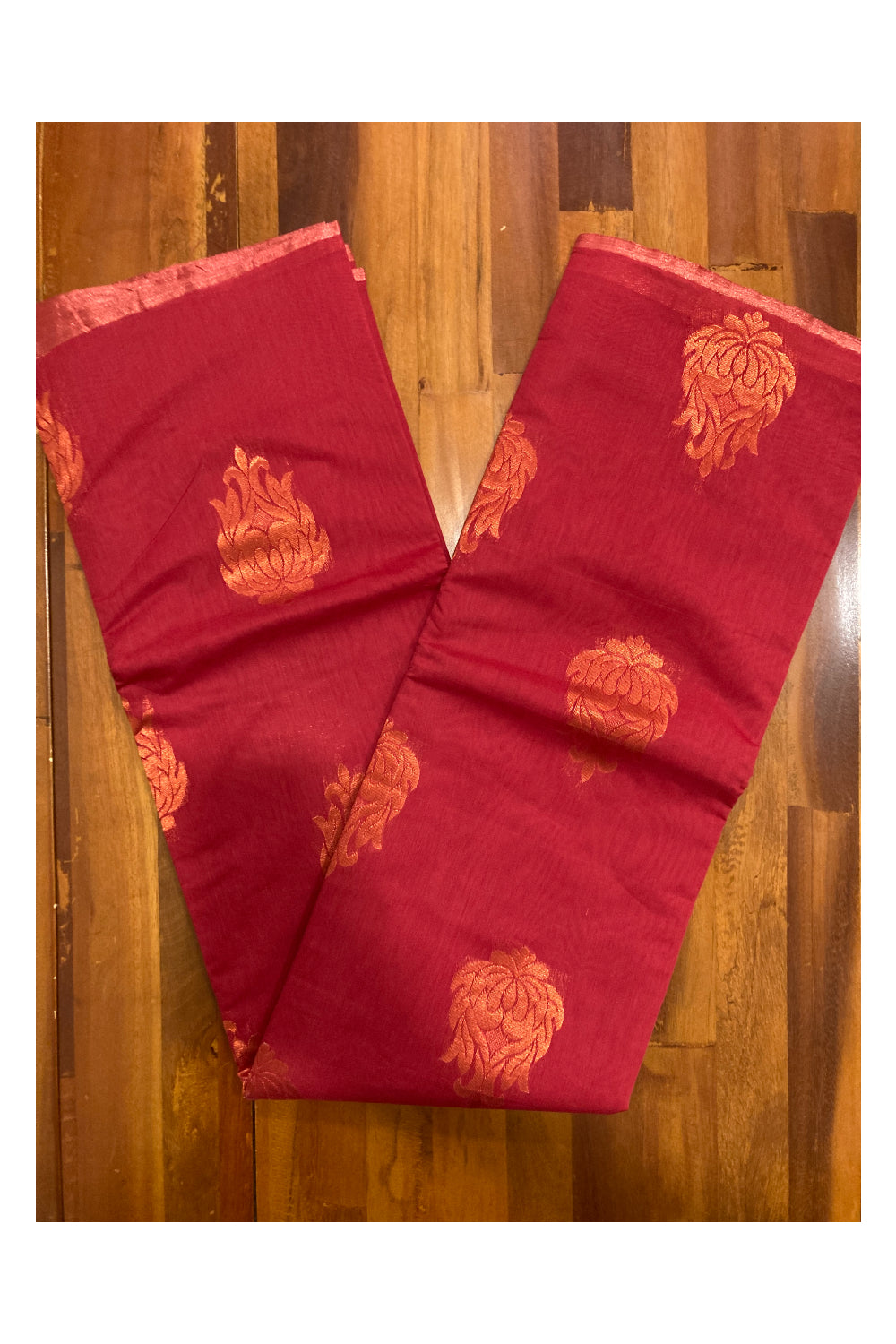 Southloom Cotton Silk Borderless Brick Red Designer Saree with Zari Motifs