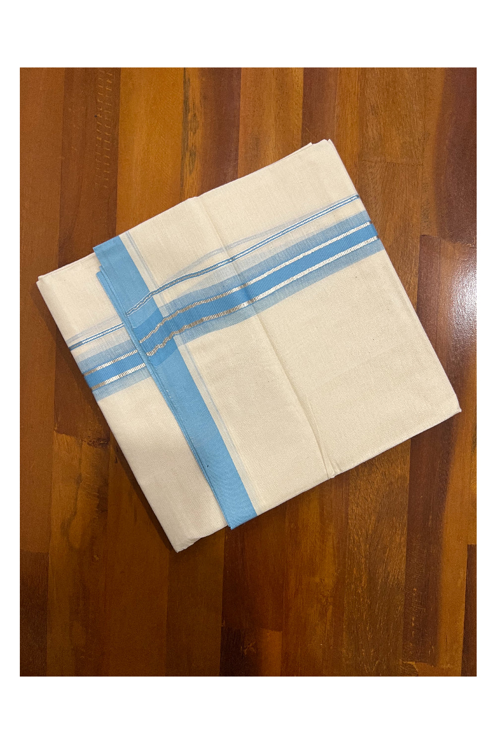 Pure Cotton Off White Double Mundu with Silver Kasavu and Light Blue Border (South Indian Dhoti)