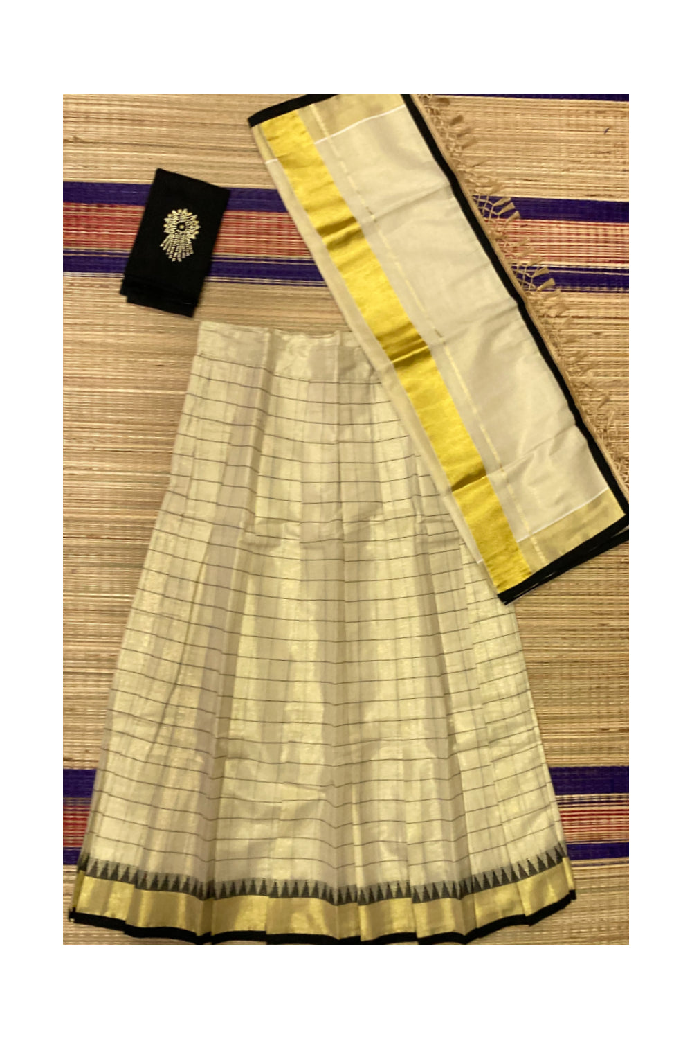 Kerala Cotton Semi Stitched Dhavani Set with Black Blue Check Design Work Pavada and Black Blouse Piece