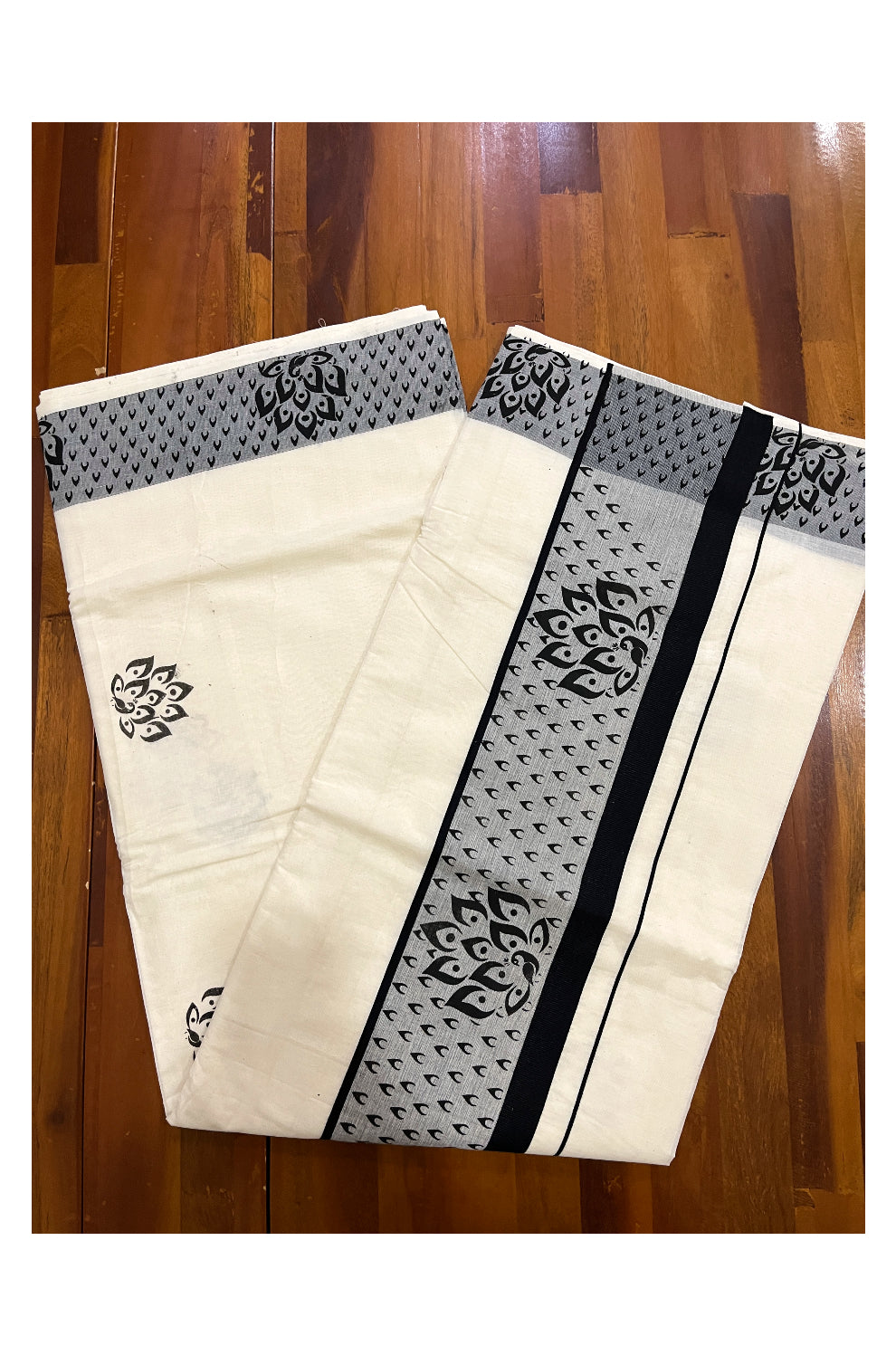 Pure Cotton Off White Kerala Saree with Black Block Prints on Border