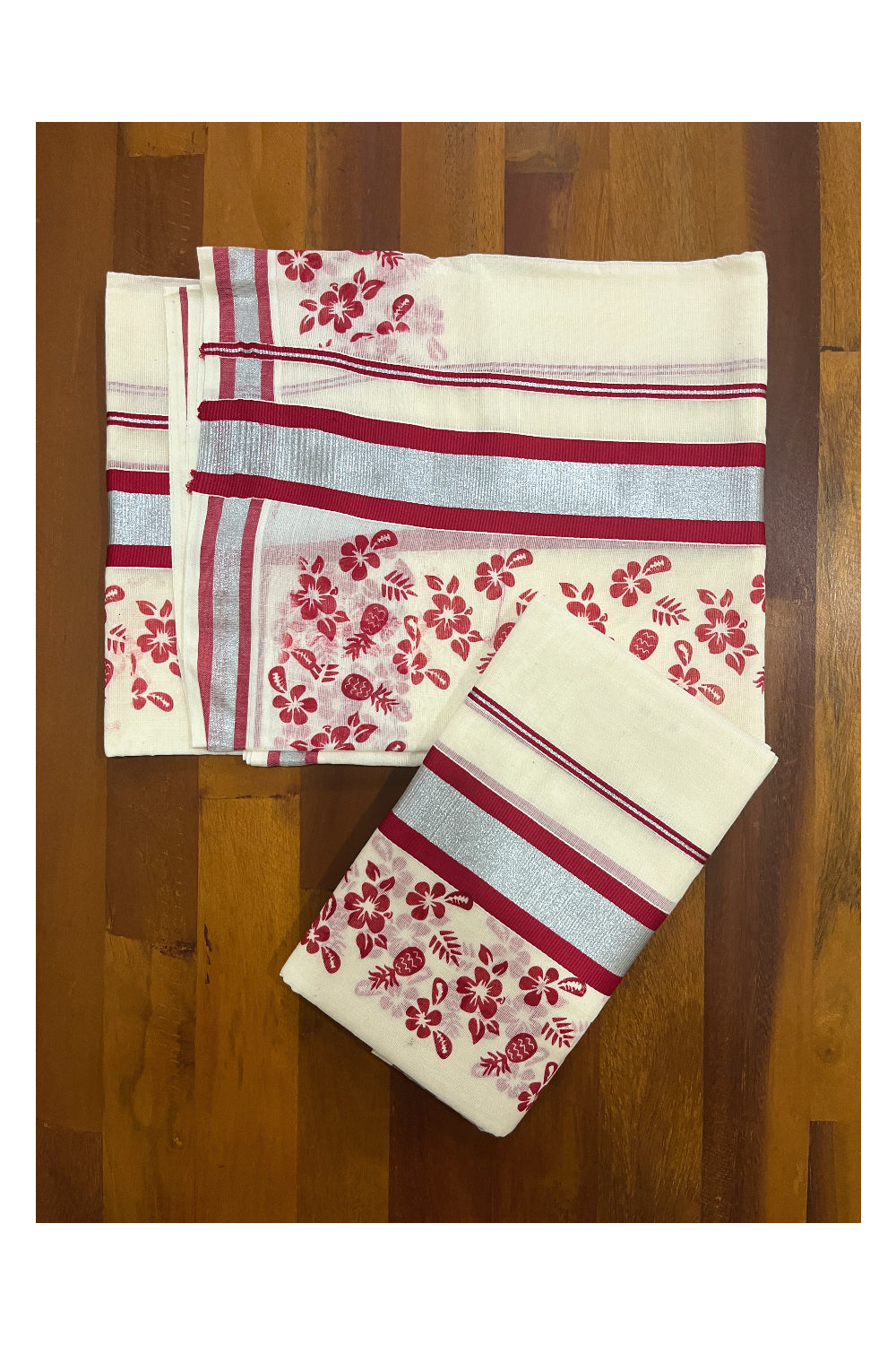 Pure Cotton Single Set Mundu (Mundum Neriyathum Onam 2023) with Silver Kasavu and Red Floral Block Prints