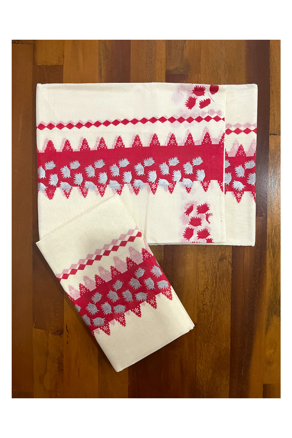 Kerala Cotton Single Set Mundu (Mundum Neriyathum) with Red Block Prints on Border