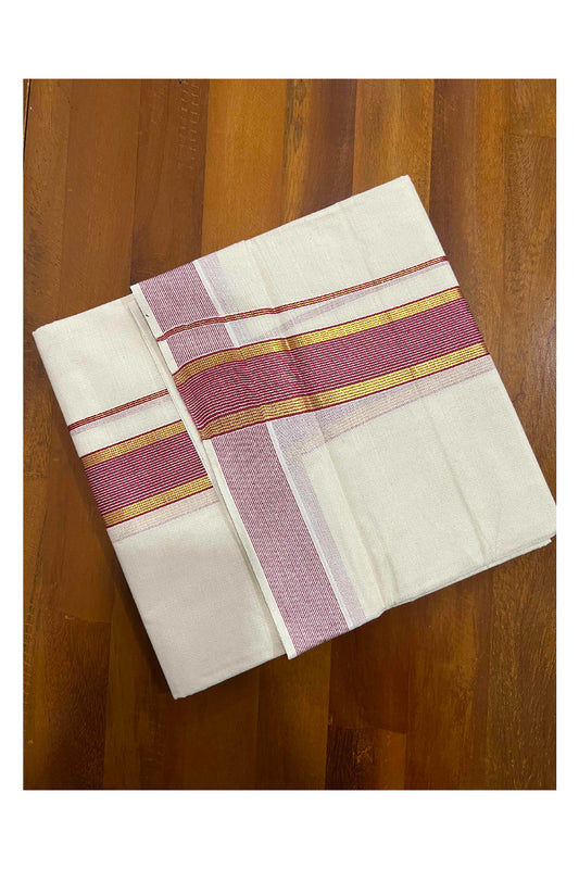 Off White Kerala Double Mundu with Dark Red and Kasavu Border (South Indian Dhoti)