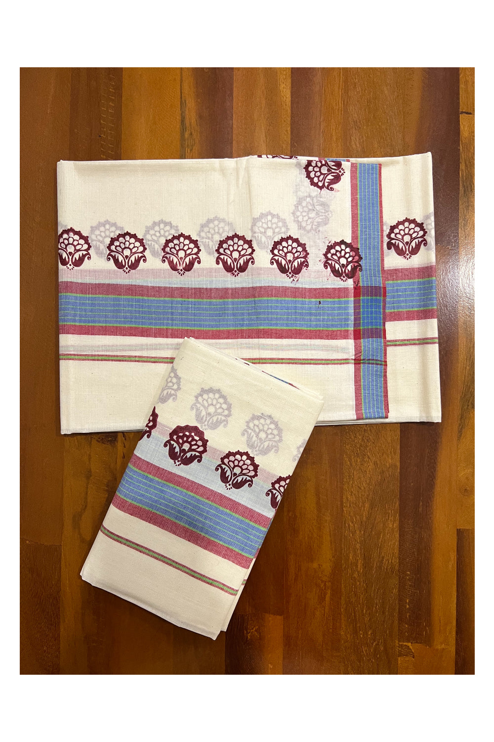 Kerala Cotton Mulloth Mundum Neriyathum Single (Set Mundu) with Maroon Floral Block Print Border (Extra Soft Cotton)