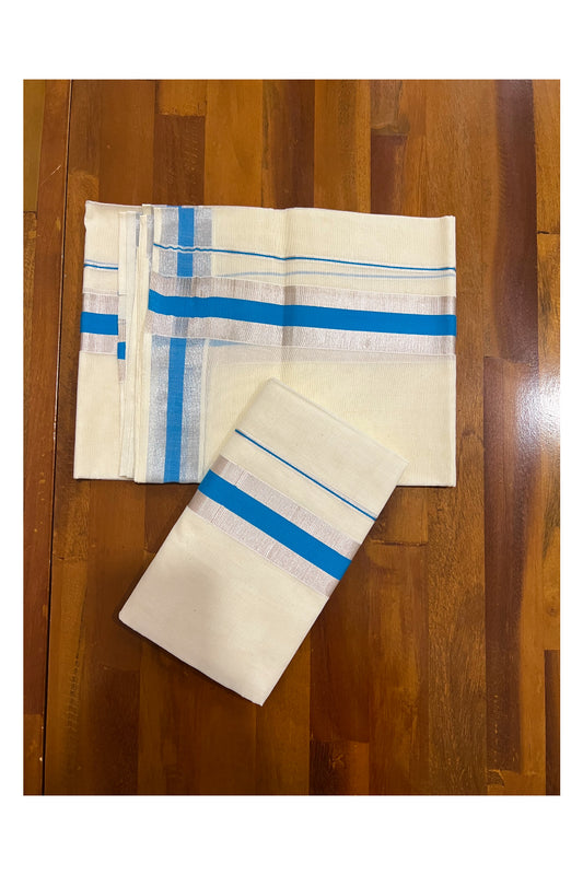 Kerala Cotton Mundum Neriyathum Single (Set Mundu) with Light Blue and Silver Kasavu Border 2.80 Mtrs