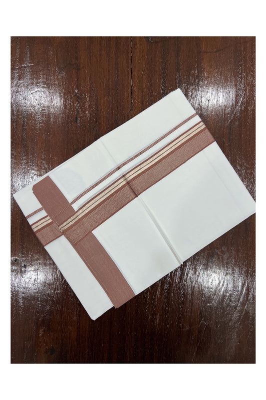 Pure White Cotton Double Mundu with Silver Kasavu and Brown Border (South Indian Dhoti)